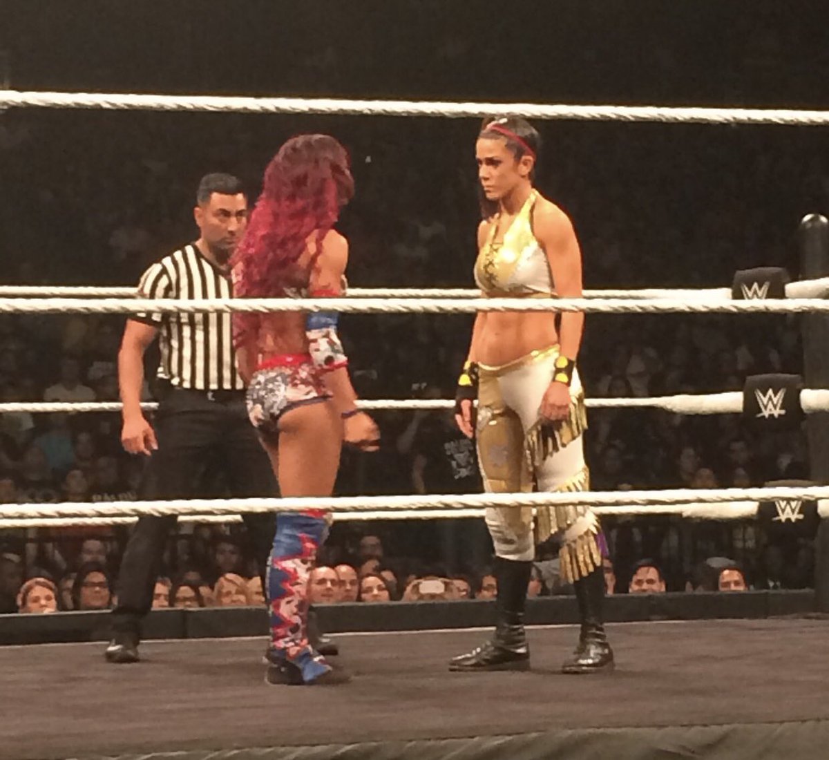 WWEGP's tweet photo. 5 years ago today. @itsBayleyWWE VS @SashaBanksWWE in one of the greatest matches WWE has ever produced. I was in the second row at the first #NXTTakeOver Brooklyn and I will never forget the energy, excitement &amp; emotion these two talents elicited from the crowd. Wrestling magic https://t.co/l1nqHKHn7N