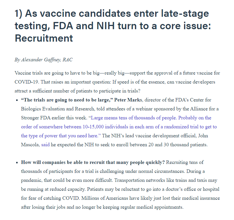 Ok, so you need to enroll 20-30k patients *per vaccine candidate*. Luckily, there are lots of vaccines in testing. Unfortunately, that means they're all competing for the same patients. As I wrote for AgencyIQ in early July, this was expected to be a problem.