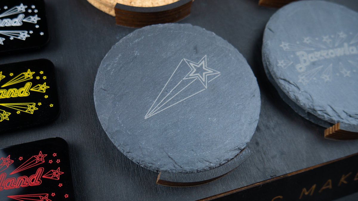 thisismakers's tweet photo. Designing and creating pieces for the Official @TheBarrowlands Merch was a super fun and creative process. We also got to dip into some homeware items which includes a Set of 4 Laser Engraved Slate Coasters that comes with 2 Barrowland Sign and 2 Star Coasters 🌟🎶 https://t.co/zXG99Kathw