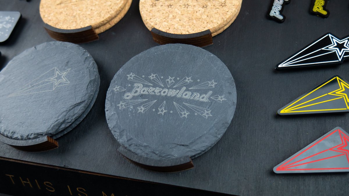thisismakers's tweet photo. Designing and creating pieces for the Official @TheBarrowlands Merch was a super fun and creative process. We also got to dip into some homeware items which includes a Set of 4 Laser Engraved Slate Coasters that comes with 2 Barrowland Sign and 2 Star Coasters 🌟🎶 https://t.co/zXG99Kathw