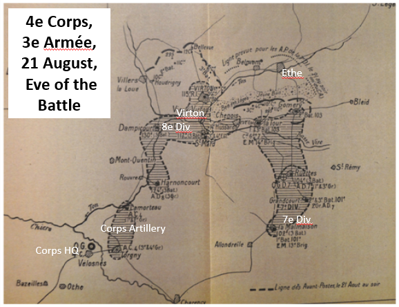 The divisional commander Trentinian didn’t receive his orders for 22/08 until 2.00am the same day: “at 05.00 advance to the region of Saint-Léger via Ethe to cover any attacks coming from Arlon and the west”