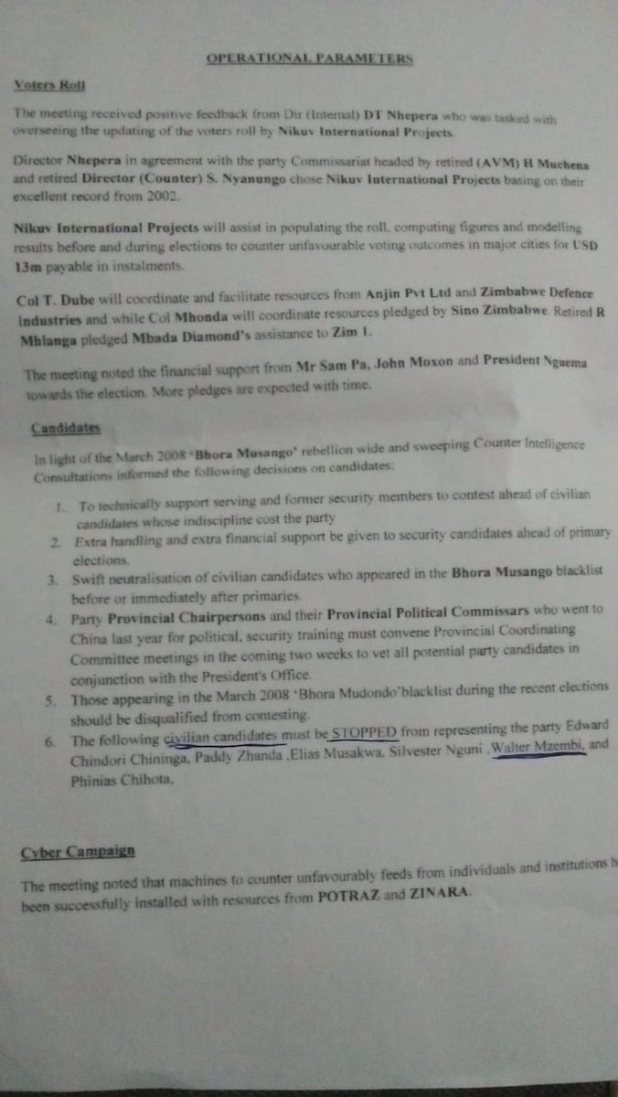 I attach evidence of contestations for the control of Zanu PF btwn Civilians & the Military - Joint Operations Command Minutes on 2013 Parliamentary Candidates , this is well before the advent of G40 as you know it ! Read carefully