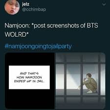 BTS WORLD!!!!!!!we were mixed about this game but it comes out we laugh a lot we are not allowed to screen but everyone was doing it even namjoon when he played lmao  #namjoongoingtojailparty even trended (june 2019)