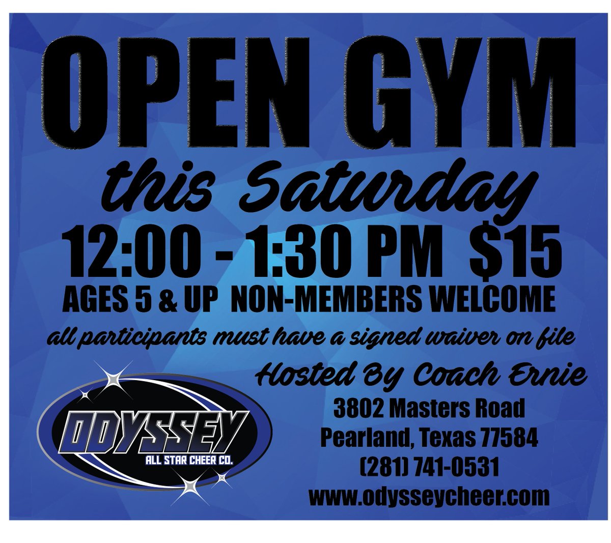 Open gym TODAY @ Noon with Coach Ernie!  $15 or use a make-up credit for free entry!!