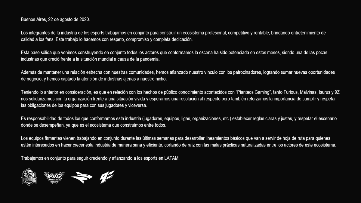 Comunicado conjunto de <a href="/malvinas_gaming/">MALVINAS GAMING</a>, <a href="/teamisurus/">Isurus</a>, <a href="/FuriousGamingLA/">Furious Gaming</a> y @9zteam.
