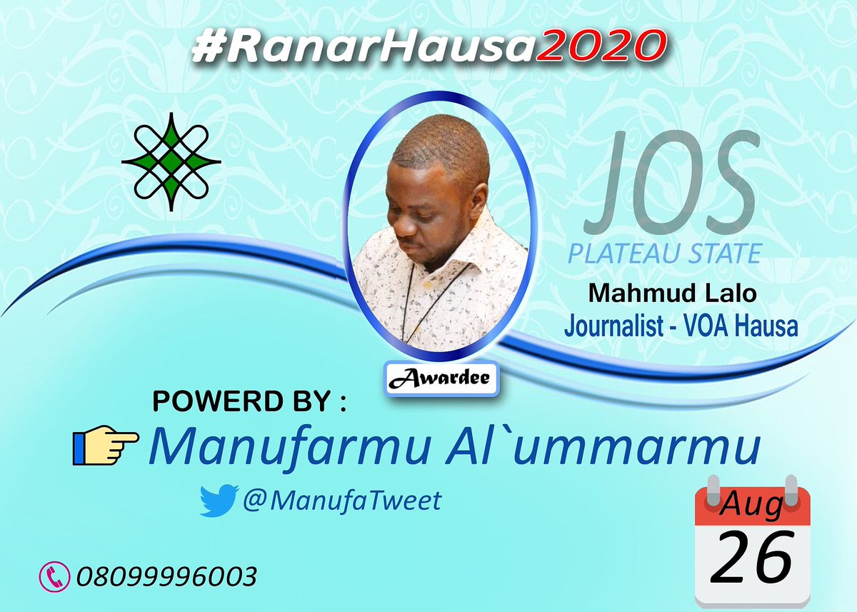 Abdul_Majid84's tweet photo. 1. Manufa International Award (MIA)

#RanarHausaAJos #RanarHausa

#MIAAward

Mahmud Lalo (@MahmudLalo) [MIA042020]
Multimedia Journalist with the Voice of America in Washington D.C. United States of America.

Mahmud Lalo was born in Jos North Plateau State on October 11, 1977. https://t.co/Fnx6bGs8Al
