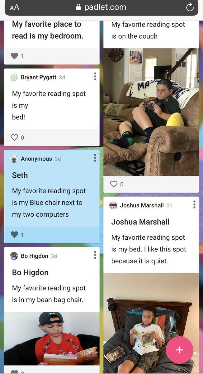 LearnwithMsLake's tweet image. I love how the entire 3rd grade can share their special reading spot on @padlet to build their reading life and stay connected to each other! @LucyCalkins #unitsofstudy #togetherweshine @Kempcougars #learnleadexcel