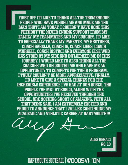 alex_geraci11's tweet photo. Honored to announce that I will be continuing my academic and athletic career at Dartmouth! @DBP_Football @CoAcHKeLZZz3 @damehova9 @coach_dobes @cblackshear @BTeevens #TheWoods https://t.co/2Bc8NkVlZQ