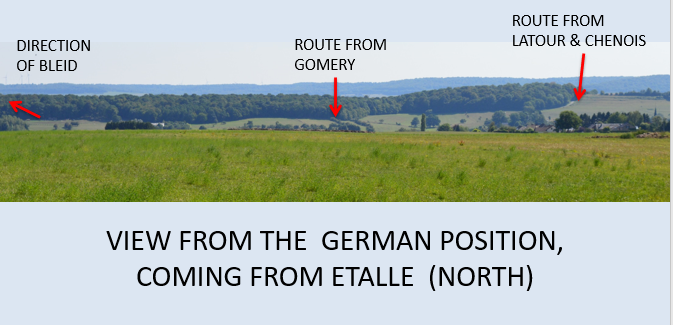 In the night of 21/08, the German 10DI was sent S from EtalIe. At 6:00 they emerged from the woods N of Ethe. Hearing the fighting between the Uhlans and Hussards they deployed on the N edge of the village. Their artillery deployed on the plateau.