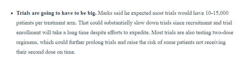 FDA has been pretty clear about the size of the trials it wants. According to Peter Marks, who leads FDA's biologics division (CBER), FDA expects 10-15,000 patients per treatment arm. So if you have a vax and a placebo, each group needs 10-15k patients. From AIQ on July 8: