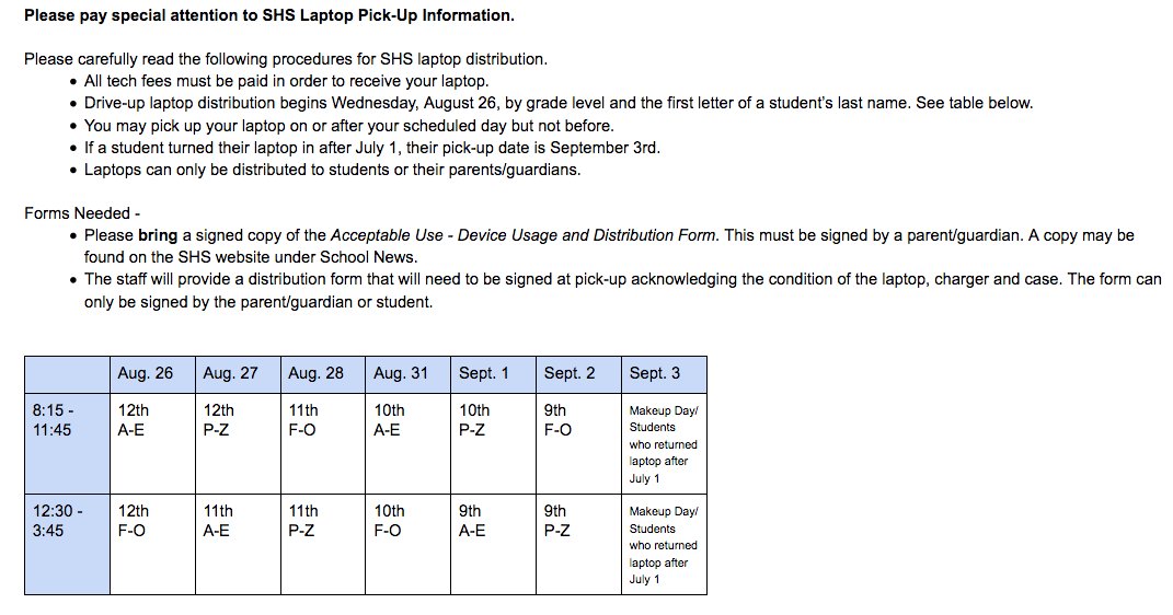 OfficialSHSPack's tweet photo. Click on the attached image for important information concerning Fall 2020 laptop distribution! https://t.co/VSeVeeJ6Nb