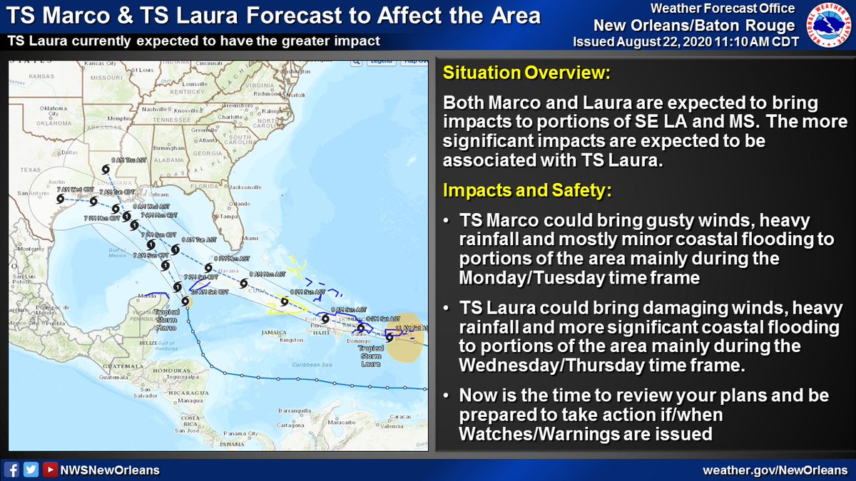 Short thread: Latest on TS  #Marco & TS  #Laura, both of which could bring impacts to portions of SE LA and MS. The more significant impacts are currently expected to be associated with TS Laura. Coastal flooding, heavy rain , and strong winds  all possible. (1/4)