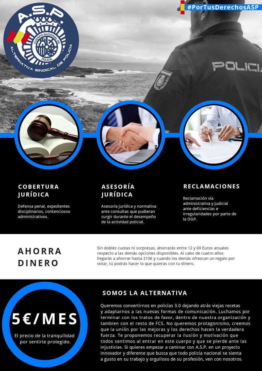 PoliciaASP's tweet photo. 📡Afiliate a @ASP_CNP.

👉🏻Sin dobles cuotas, sin sorpresas. El precio de la tranquilidad por sentirte protegido: 5€/mes.

✅Cobertura Jurídica.
✅Asesoría Jurídica.
✅Reclamaciones.

🗣️Somos la alternativa!

#PorTusDerechosASP https://t.co/fhcy0ToOTT