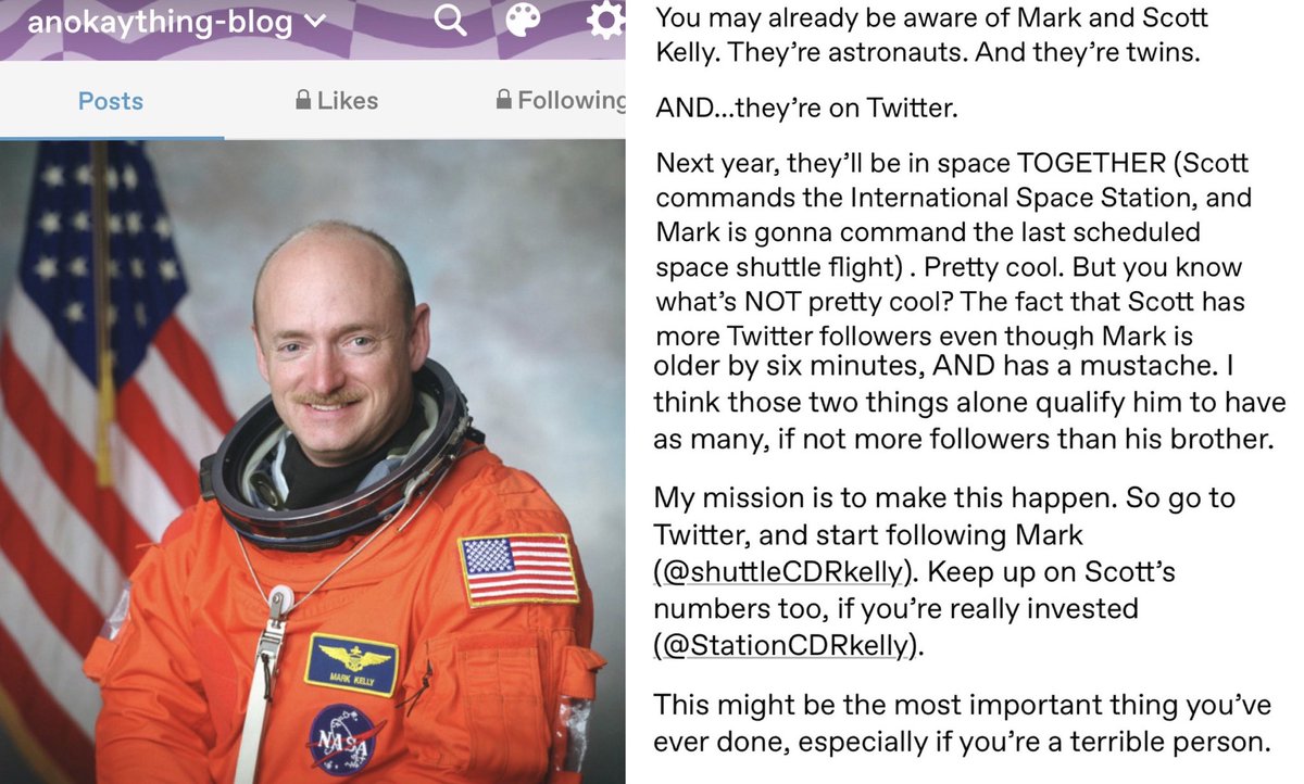 Hi Arizona friends, I hope you vote for @CaptMarkKelly, a person with integrity, and courage, for whom I have technically campaigned since 2010 when I used my now defunct Tumblr page to try to get him more Twitter followers than his brother.