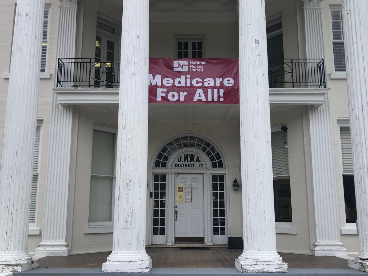 Speaking of West Virginia,  @MineWorkers are flying a Medicare For All banner outside their HQ, just across from the WV State Capitol in Charleston this morning!