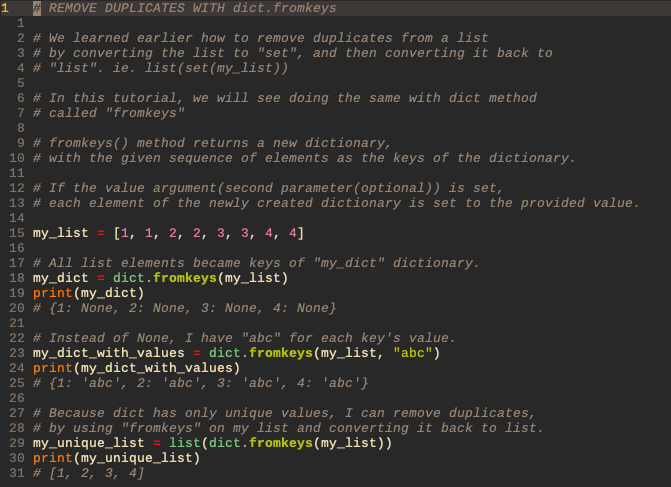 flowfelis's tweet image. Day 35/100 of #100DaysOfPythonTips. Today let&apos;s learn about a dict method called &quot;dict.fromkeys&quot;. We can remove duplicates from a sequence(ie. list) with the help &quot;dict.fromkeys&quot; 
#Python #Python3 #100DaysOfCode #CodeNewbie