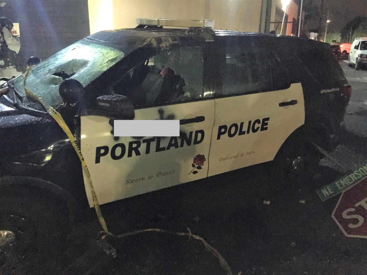 Overnight on 21–22 Aug. (day 87), hundreds of  #antifa rioters attacked the Portland Police north precinct. They smashed up police vehicles using rocks & spikes. They threw feces, paint & eggs. Antifa also smashed windows on the Boys & Girls club van.  https://www.portlandoregon.gov/police/news/read.cfm?id=261123