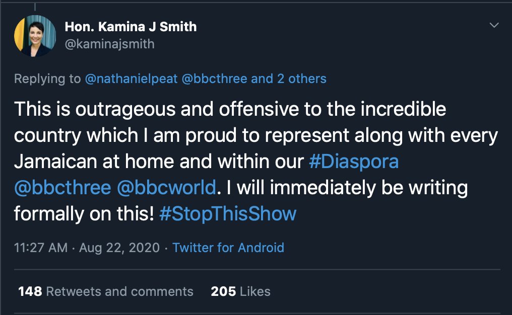 KevzPolitics's tweet photo. JUST IN - Jamaican Foreign Minister Kamina Johnson Smith calls controversial BBC 3 comedic sketch "outrageous &amp; offensive" &amp; will write formal complaint; "Jamaican Countdown" critics felt it provided negative portrayal of Jamaicans through usage of stereotypes https://t.co/FLY269Kiye