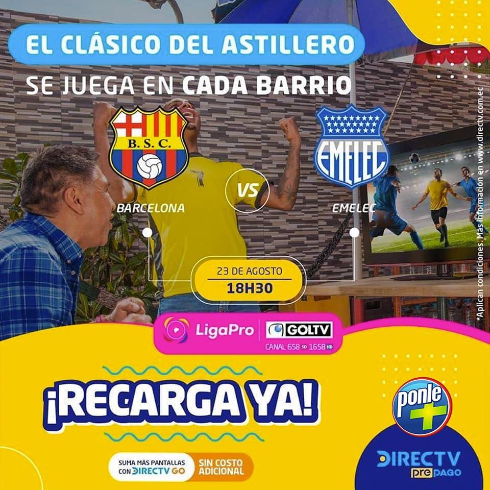 ClubPonleMas's tweet photo. Mañana domingo, vive el #ClasicoDelAstilleroec 💥⚽️

#RecargaYa tu #DirecTVPrePago y disfrútalo por la señal de #GolTV canal 658 y 1658 en HD

Este 23 de Agosto a las 18h30 #ViveElClasico con #PonleMas de uuuuuna!! ⚽️😃👍🏼 https://t.co/9sPogKK3I4