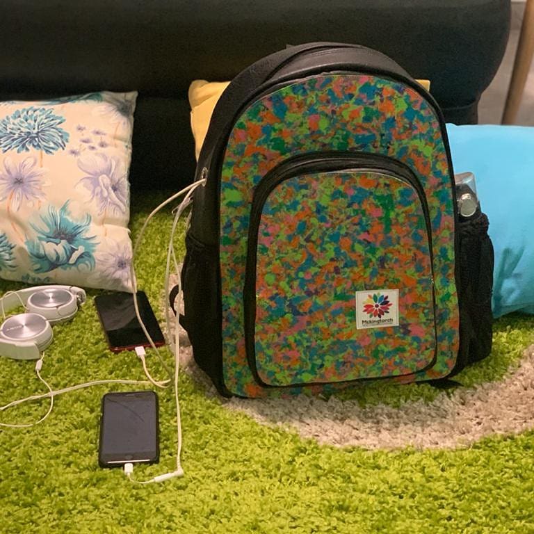 AwukuMakafui's tweet photo. The #MckingtorchEcoPack made partly with 2.5kg of plastic waste from the #streetsofAccra. Inside pockets for phone, power bank, outside pockets for water bottle and waste, eyelet that allows for you to connect phone or power bank cables. GHS160 @MckingtorchAfri @caroline4real https://t.co/SI9A3JMtDu