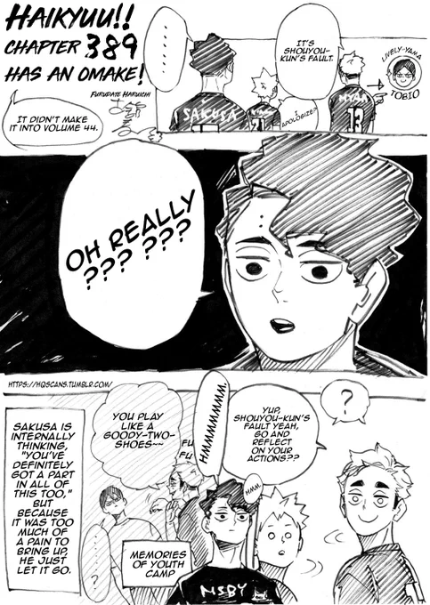 Haikyû chapter 389 omake that didn't make it in the manga
Translated by Hq Twitter Scans on tumblr : https://t.co/v3Amofm1wx 
