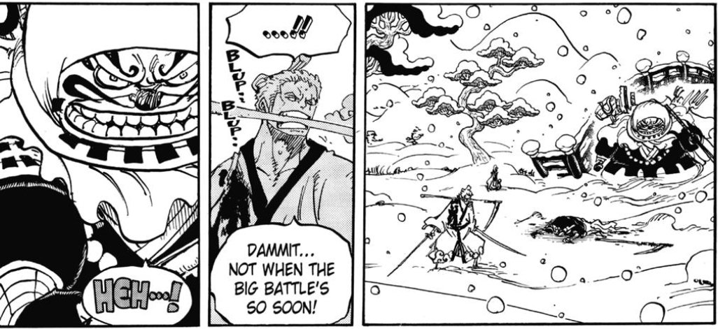 Zoro since the start of Wano has been trying to avoid taking damage before the final battle against Kaido. To the point he's avoided conflict by running away due to being outnumbered and having to deal with warriors of various skills.