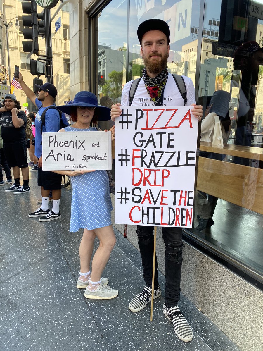 QAnon protesters are carrying signs about pizzagate, adrenochrome & frazzledrip in Hollywood while chanting, “our children are not for sale”