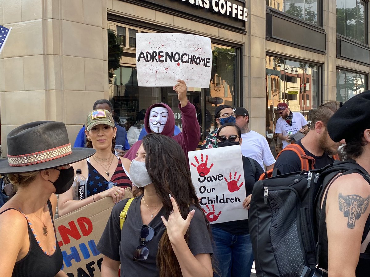 QAnon protesters are carrying signs about pizzagate, adrenochrome & frazzledrip in Hollywood while chanting, “our children are not for sale”