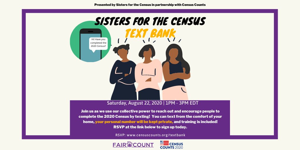 We have begun! There is still time to join <a href="/faircount/">FairCount.bsky.social</a> and <a href="/CensusCounts/">Census Counts</a> for our Sisters for the Census text bank today! Special thank you to <a href="/staceyabrams/">Stacey Abrams</a> and <a href="/AudraEqualityMc/">Audra McDonald</a> for joining us today! Sign up to text at censuscounts.org/textbank