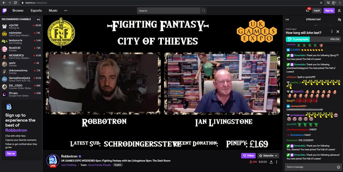 fightingfantasy's tweet image. Happening now! @ian_livingstone and @robbotron tackle the classic #fightingfantasy #gamebooks CITY OF THIEVES! twitch.tv/robbotron @UKGamesExpo #VirtuallyExpo @scholasticuk #rpg #live