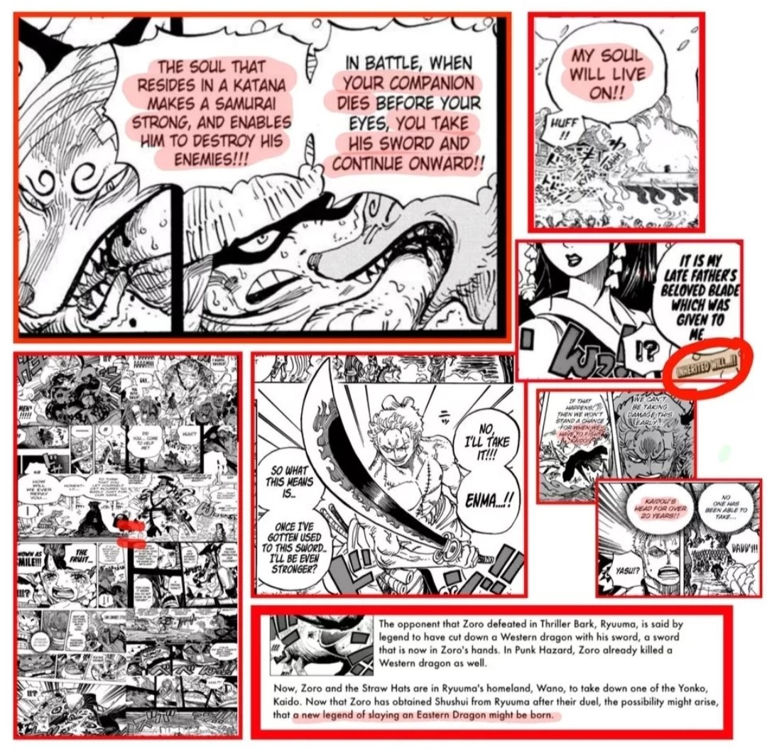 Zoro swore to avenge Yasuie, and based off his dialogue in the raid it seems he holds Kaido accountable just as Yasuie did. Zoro's journey in Wano so far has mirrored Oden's and Ryuma's, let's have a look at how their eventual face offs with a dragon occurred.