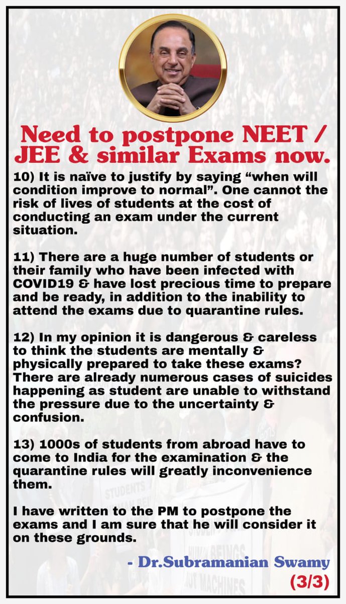 Subramanian Swamy (@swamy39) on Twitter photo Important reasons why the PM & HRD minister needs to consider to postpone NEET / JEE exams for now
<a href="/vhsindia/">Virat Hindustan Sangam</a> Important reasons why the PM & HRD minister needs to consider to postpone NEET / JEE exams for now
<a href="/vhsindia/">Virat Hindustan Sangam</a>