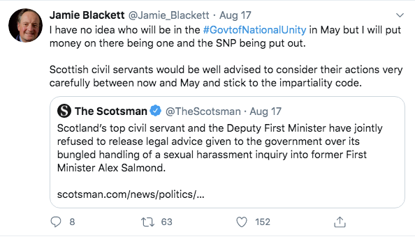 Old Etonian Dumfriesshire farmer  @Jamie_Blackett seems confident there will be "a government of national unity" after the Scottish parliamentary elections in May 2021. I'm confused about his role though. 