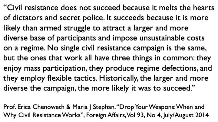 Finally, some responders say that “peaceful protest isn’t going to cut it”… I don’t know if these people are simply despairing or are chaos agents looking to create trouble, but they’re completely wrong. Prof Chenoweth’s work clearly shows the power of non-violent action… 