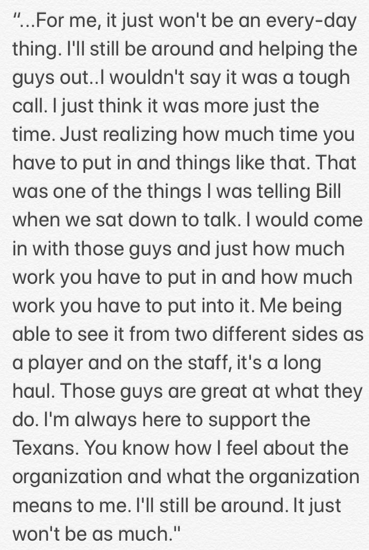 Former #Texans star receiver Andre Johnson, the 1st member of the team’s Ring of Honor, decided to step away from his role as a special advisor to Bill O’Brien: “I had a meeting with Bill. We talked about it. It was a lot for me being with the team every day &amp; stuff like that..”