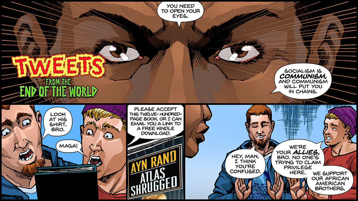 Social media gets philosophical in TWEETS FROM THE END OF THE WORLD! - An apocalyptic comic kind of like, well, now, where social media turns people into violent, unthinking zombies.

#TFEW #comics #zombies #horror #horrorcomedy #satire