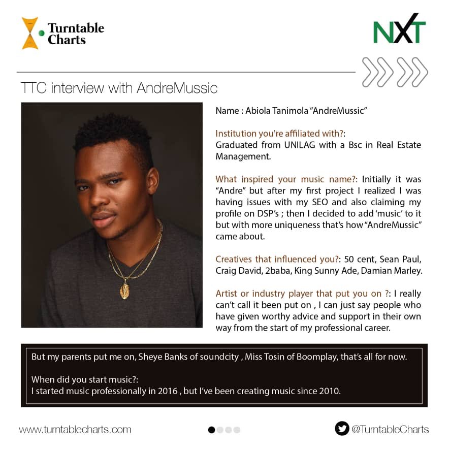 TurntableCharts's tweet photo. What happens when an artiste is influenced by 50 Cent, Craig David, King Sunny Ade, Sean Paul and Damian Marley? Well, you get @AndreMussic

Check out our #TurnTableNXT feature with AndreMussic 

https://t.co/gb75qIV7hm https://t.co/NHLvyCjBGu