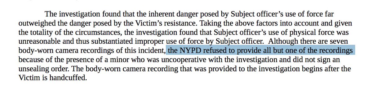 The NYPD had seven videos from body-worn cameras. But the NYPD refused to share almost any of it.They said they were respecting the privacy of a teen who was in the shots. Rather than blurring his face, the NYPD withheld the footage.  https://www.documentcloud.org/documents/7034573-Case-Summary-from-New-York-s-Civilian-Complaint.html