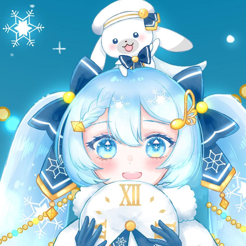 初音ミク ,ラビット・ユキネ ,雪ミク 「今日は時計ちゃんを描きました?❄✨
#雪ミク2021 」|⛩ 茶々。⛩のイラスト