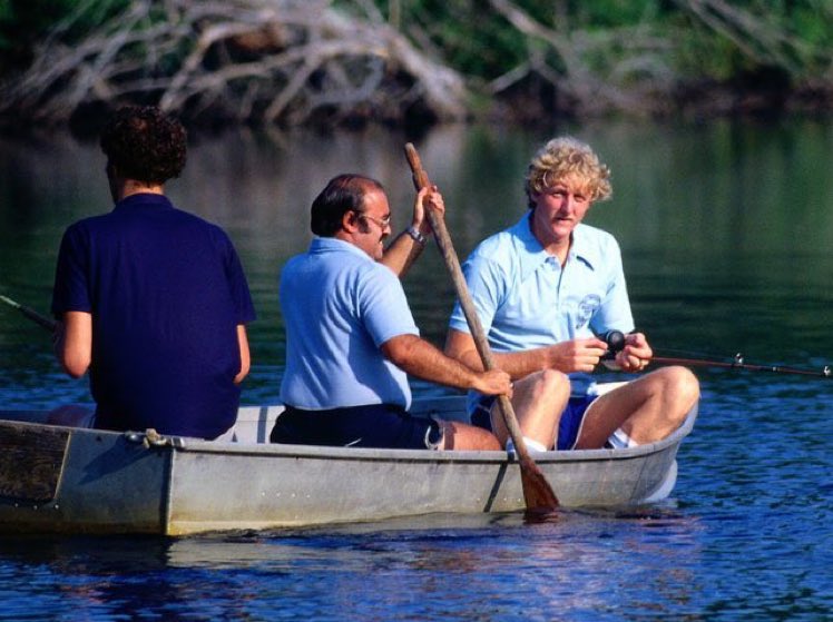 Super70sSports's tweet image. And now here’s Larry Bird fishing in some piece of shit boat ...