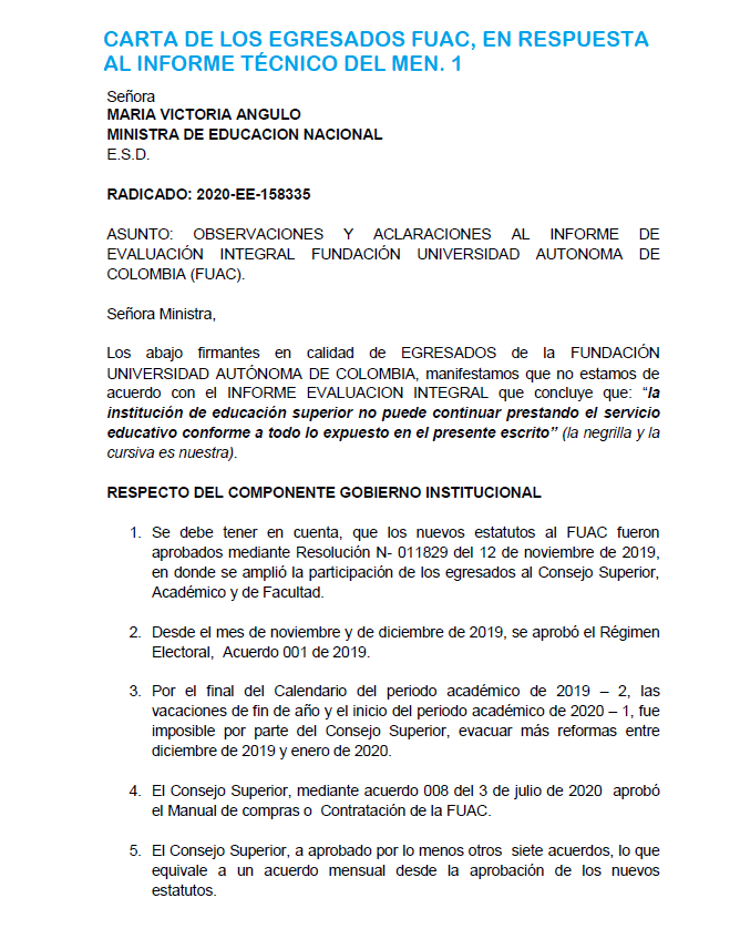 Egresados_fuac's tweet photo. Carta de los Egresados FUAC, a la Ministras de Educación. @Mineducacion , @VictoriaBxE  @UniAutonoma_Col, @Egresados_fuac https://t.co/9PQt4AmsFy