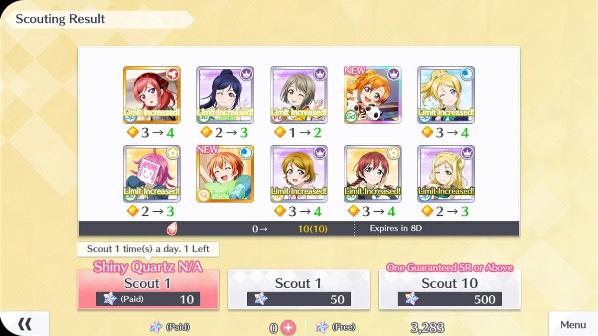 「Day 3」❥ In hopes of getting a leg up on the competition, I did one pull in both the Dia and Riko gachas to try and get more bonus cards❥ Said plan did not succeed, but at least I got more Elegant URs! Ai1 also completes my collection of Ai cards once more!
