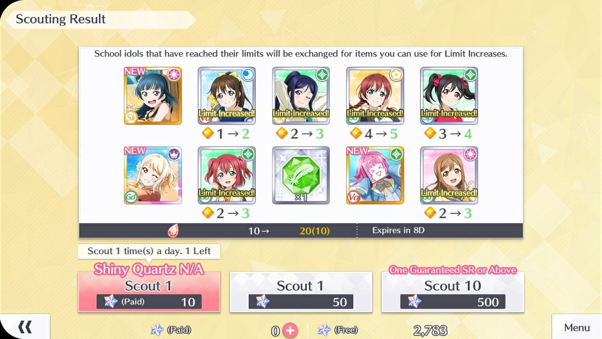 「Day 3」❥ In hopes of getting a leg up on the competition, I did one pull in both the Dia and Riko gachas to try and get more bonus cards❥ Said plan did not succeed, but at least I got more Elegant URs! Ai1 also completes my collection of Ai cards once more!