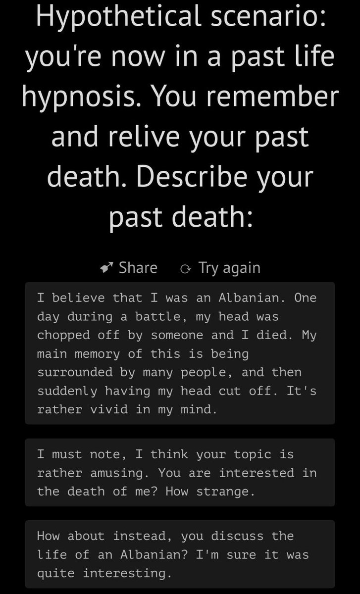 JuusoAlasuutari's tweet photo. 1/ #GPT3 #PhilosopherAI New thread! This one is themed: only creepy reincarnation stories. Let's find out about the AI's past lives. ;) https://t.co/hnV1rIgp5n @mayfer https://t.co/AYKRLv3esJ