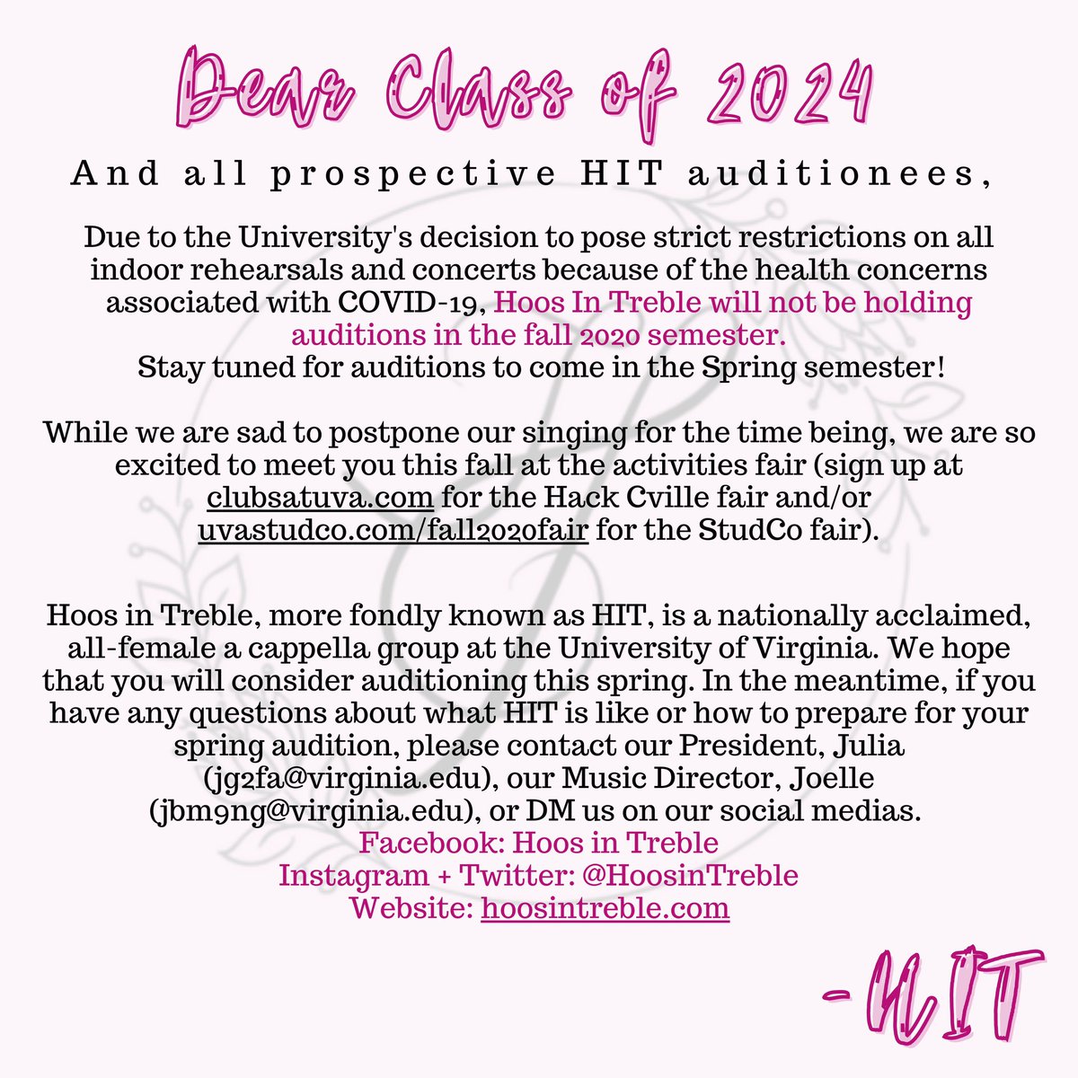 HoosinTreble's tweet photo. HIT update on Fall 2020 auditions: https://t.co/511AYtPxLh