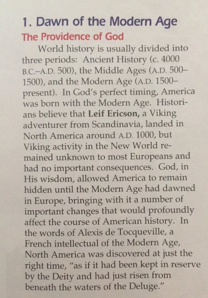 Alright, let's start with the framework of history. Its a Euro-centric, providential view of history that can't be bothered to edit out passive voice: "God, in all His wisdom, allowed America to remain hidden until the Modern Age had dawned in Europe"