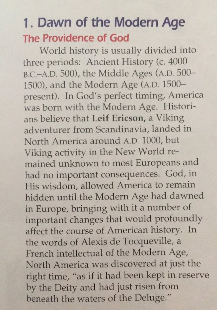 Alright, let& #39;s start with the framework of history. Its a Euro-centric, providential view of history that can& #39;t be bothered to edit out passive voice: "God, in all His wisdom, allowed America to remain hidden until the Modern Age had dawned in Europe"