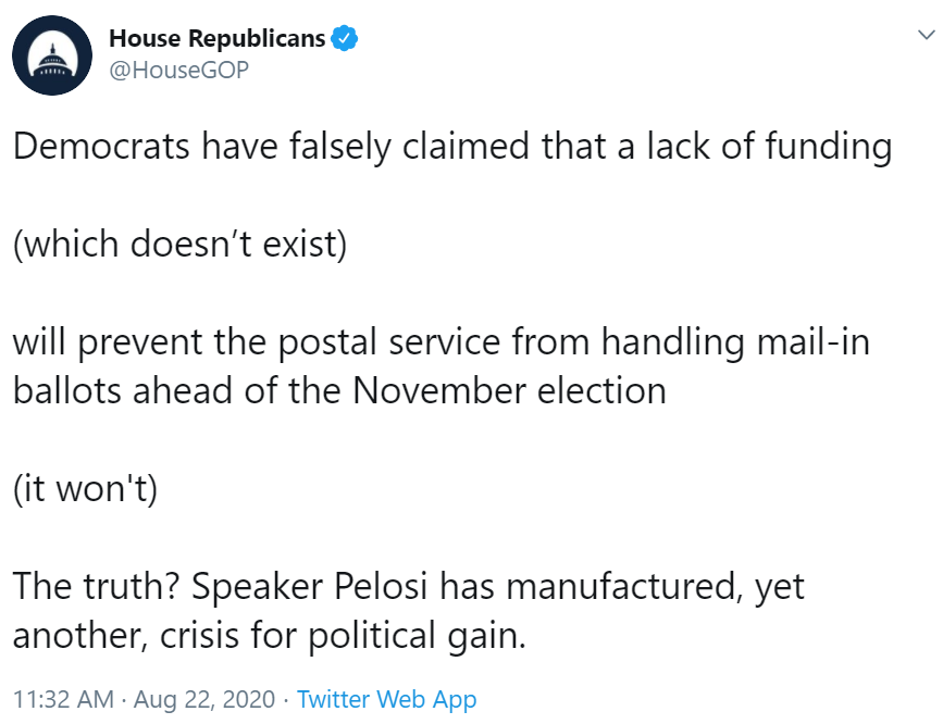 Donald Trump and congressional Republicans: the USPS is losing billions of dollarsHouse Republicans: Democrats made up funding issues, it's totally fictional and no additional USPS funding is needed3/