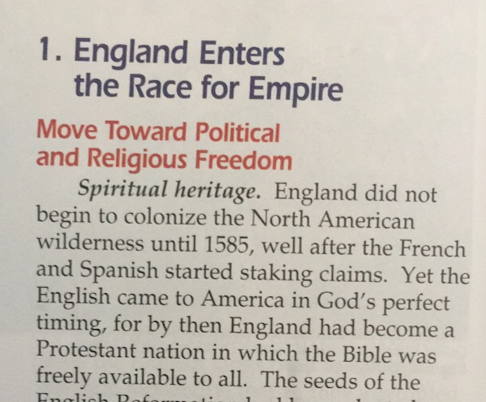 As you might imagine, heavy on the Protestant exceptionalism. Views on British colonization of North America is mostly "THANK GOD we got Anglicans over Catholics:"