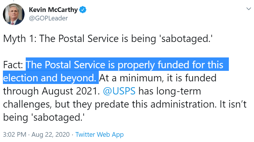 Donald Trump and congressional Republicans: the USPS is losing billions of dollarsHouse Republicans: Democrats made up funding issues, it's totally fictional and no additional USPS funding is needed3/